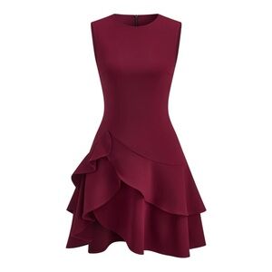 Commense Burgundy Asymmetric Tiered Ruffle Hem Mini Dress Zip Back NWT XL